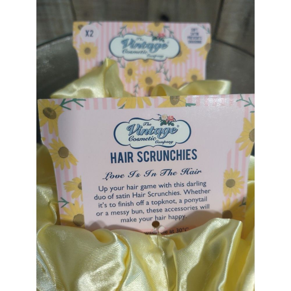 The Vintage Cosmetic Company Yellow Satin‎ Hair Scrunchies 2-Pack NEW (4 Total) - Picture 2 of 2